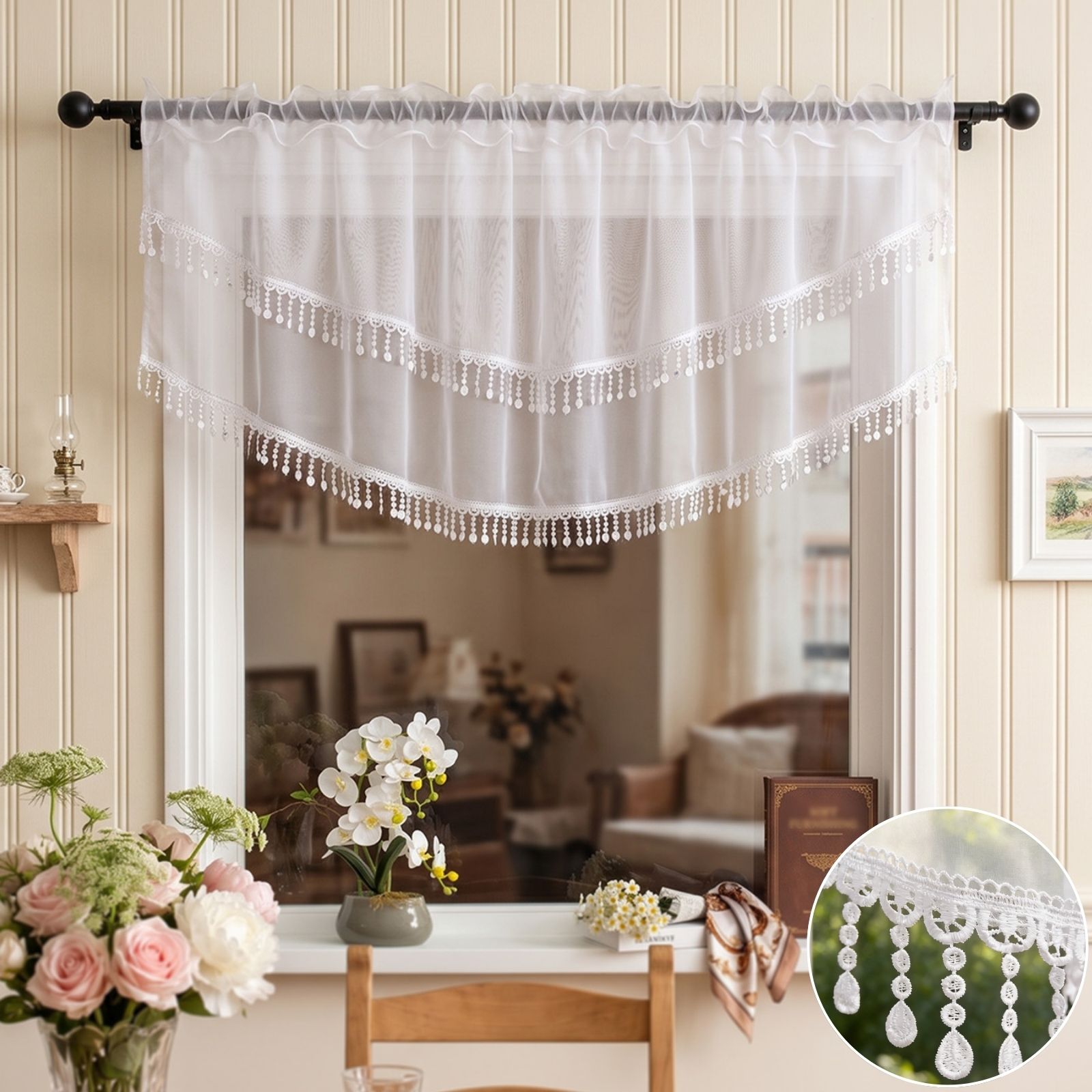 2PCS White Lace Beaded Tassel  - огляд і ціна Home Office Rate